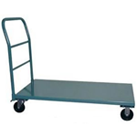 A platform truck is a hand truck that has a large, low deck with four wheels and no sides. A platform truck is not motorized and these trucks normally include a handle at one end for easy steering.
